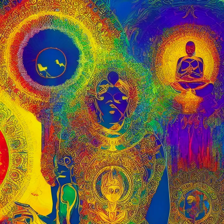 Prompt: human meditating supreme peace immense knowledge infinite color dmt art blue black gold love