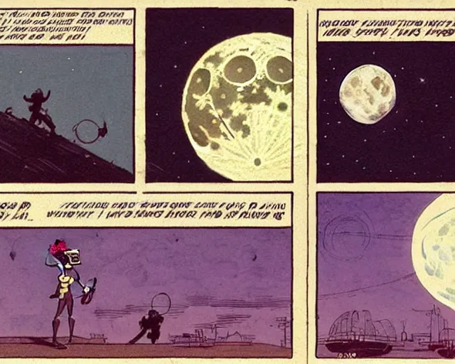 Image similar to three panels from a 1 9 3 0's comic book showing a cellphone, in front of a big moon, illustration, wide shot, muted colors, post grunge, concept art by josan gonzales and wlop, david rubin, mike mignola, laurie greasley, highly detailed, sharp focus, trending on artstation, hq, deviantart, art by artgem