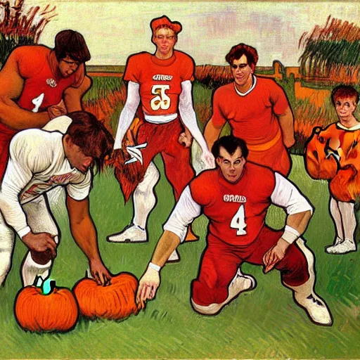 Image similar to painting of arkansas razorbacks players at the halloween jack o'lantern party, elegant, clear, painting, stylized, delicate, soft facial features, art, art by alphonse mucha, vincent van gogh, egon schiele