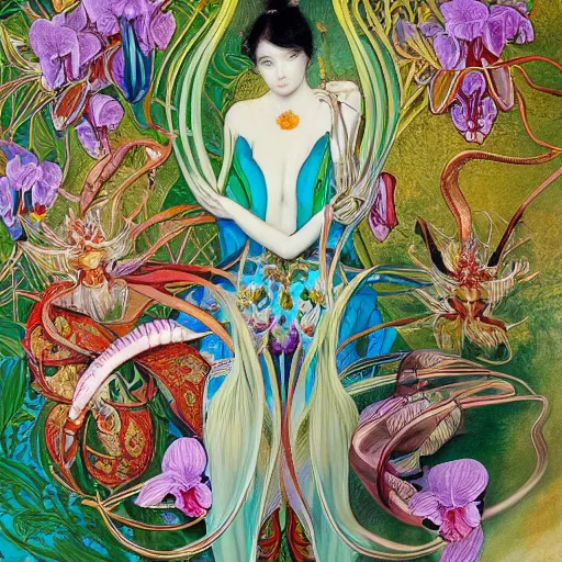 Image similar to majestic colorful orchid mantis enamel by leon bakst and yoshitaka amano, cloisonne, beautiful hyperdetailed art nouveau orchids, james jean, amanda sage