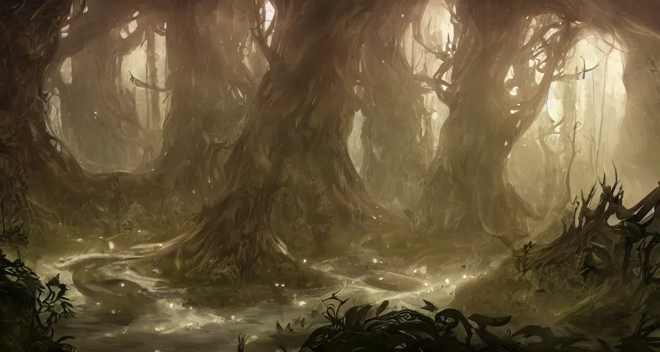 Image similar to A dense and dark enchanted forest with a swamp, by League of Legends concept artists
