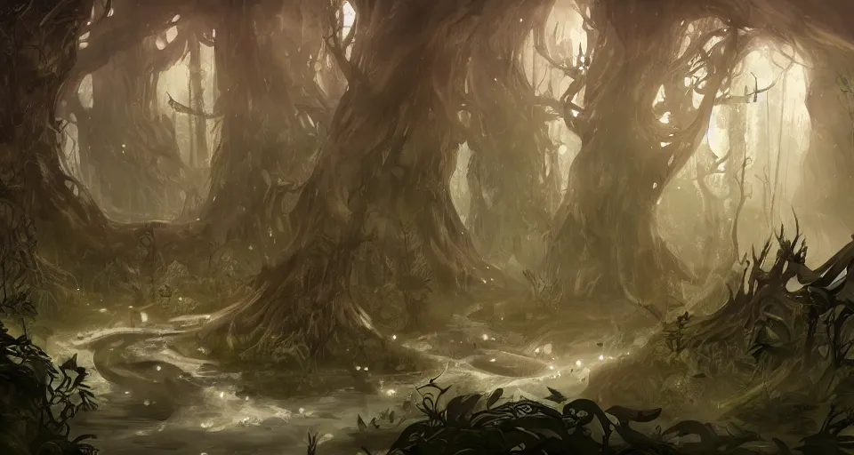 Prompt: A dense and dark enchanted forest with a swamp, by League of Legends concept artists