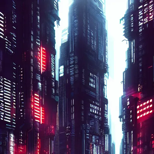 Image similar to Fully dark cyberpunk city with one building in the middle with only one window shining in style of Tsutomu Nihei. ArtStation, Cyberpunk, Vertical Symmetry, 8K, Highly Detailed, Intricate, Album Art.