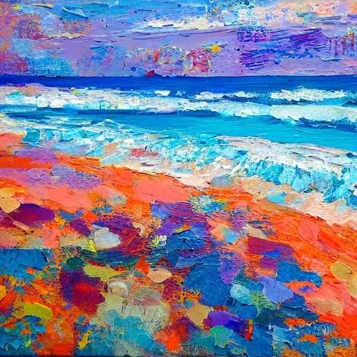 Image similar to a beach in western australia, modern, impressionist, highly textured landscape, palette knife, layered, sculptured, dynamic, acrylic paint on canvas