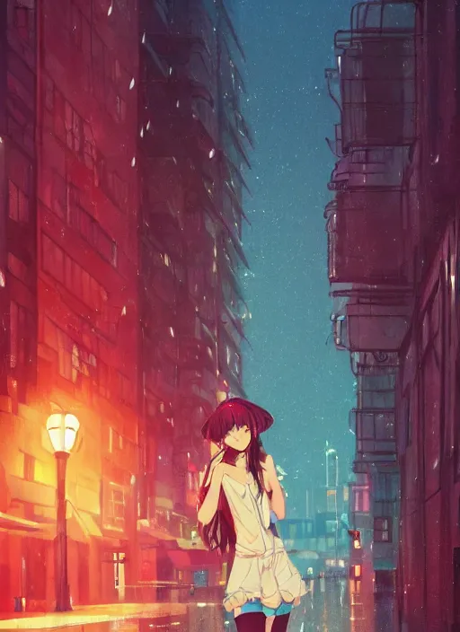 Image similar to listening to music at 2 am, night, pretty girl, pose, rain, lofi, lofi, peaceful, street light, anime key visual, poster, street wears, anime, by rossdraws, high quality, 4 k, trending, trending on artstation