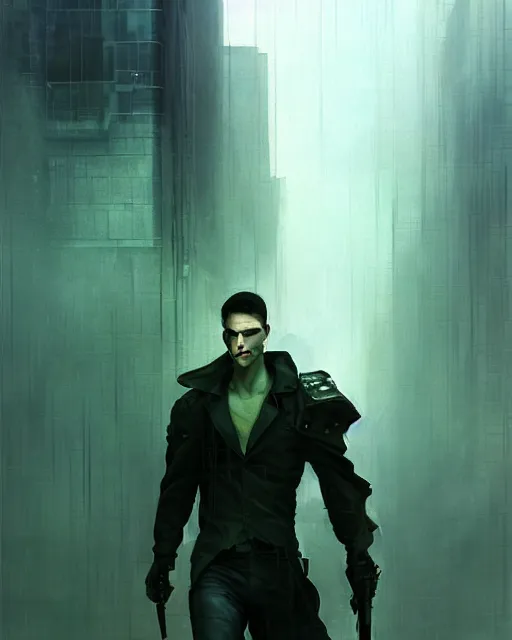 Image similar to battle hardened, overpowering, pragmatic, charismatic character from the matrix, face centered portrait, confident, ruined cityscape, sterile minimalistic room, architecture, fog, volumetric lighting, illustration, perfectly shaded, greenish tinge, cold lights soft painting, art by krenz cushart and wenjun lin