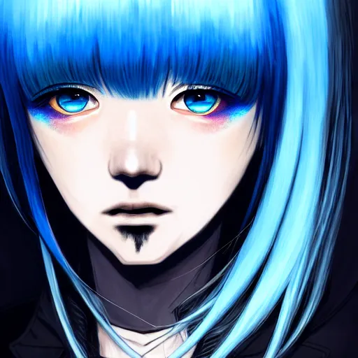 Image similar to full face shot of rimuru tempest, sky blue straight hair, long bangs, with amber eyes, wearing a black jacket, high collar, ultra detailed, concept art, award winning photography, digital painting, cinematic, wlop artstation, closeup, pixiv, evil, yoshitaka amano, andy warhol, ilya kuvshinov,