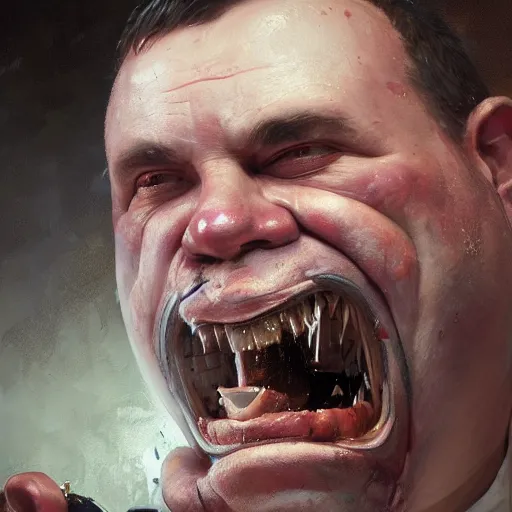 Image similar to closeup portrait of an overweight barkeeper with a prosthetic robot arm, decayed teeth, ratz, neuromancer, bar background, painted by greg rutkowski, painted by igor kieryluk, high detail, dramatic light, digital art, trending on artstation