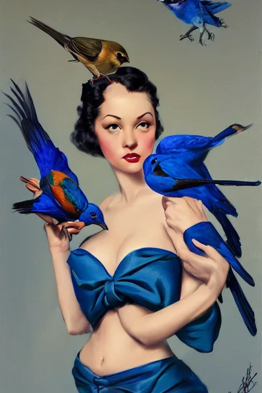 Image similar to hyper realistic painting, tasteful pinup girl holding an indigo bunting, bird, the bird is wearing a bowtie, by greg rutkowski, rossdraws, gil elvgren, enoch bolles, anime, porcelain skin, glistening, very coherent,