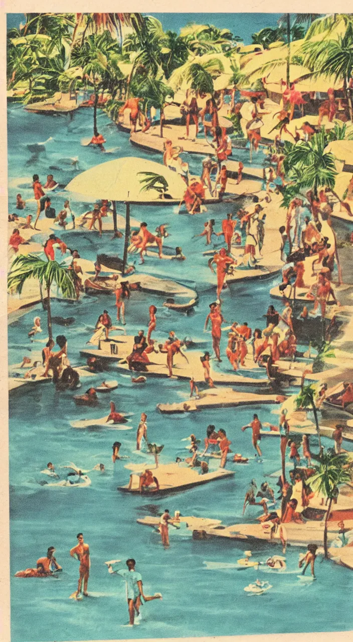 Image similar to a 1950s vacation pamphlet about a Caribbean beach,