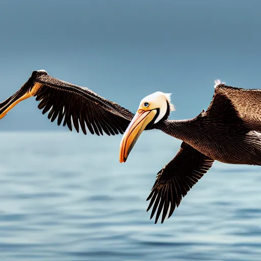 Image similar to a picture of a huge mega ultra sized pelican in flight. the pelican is very big has its its huge wings spread. symmetrical photo. very detailed, professional lighting diffracted lightrays 4 k.