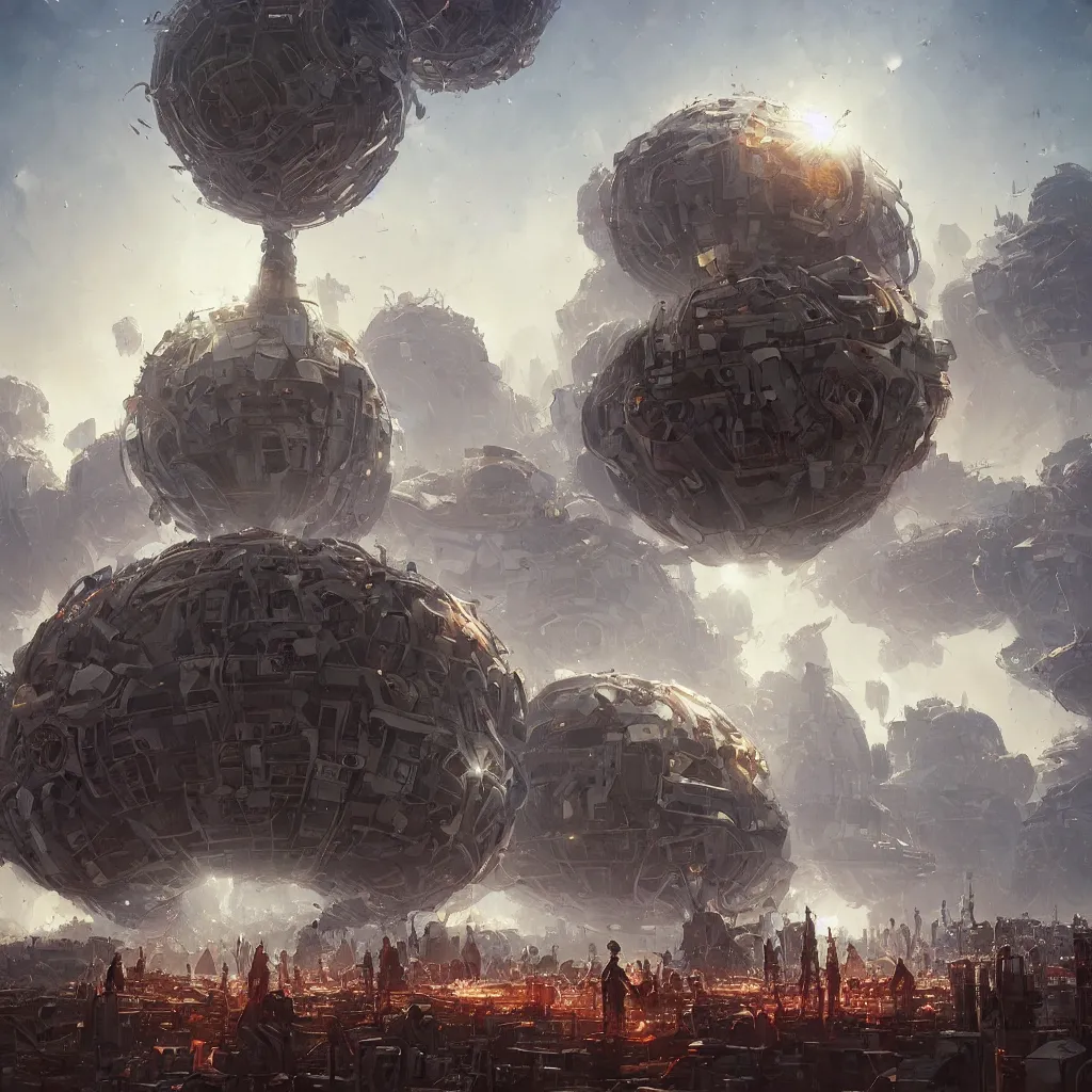 Prompt: dyson sphere program, by greg rutkowski, by rhads, by jesper ejsing, so many wires, sharp focus, man standing, colony, atom, crowd, city