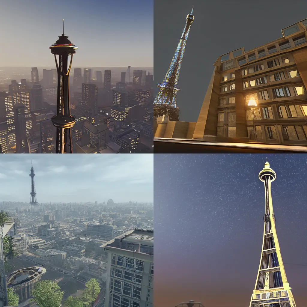 Prompt: A building that is like the eiffel tower with the space needle saucer on top, and tall half-arches coming out from each corner of the neck, unreal engine, 8k