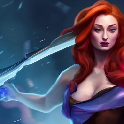 Prompt: an action shot centered on Sophie turner as Miss Fortune in League of Legends, 4K, cinema, imax, hyperreal