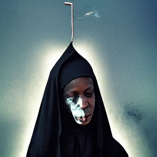 Prompt: a black nun wearing shiny jewelry, she's smoking a joint and puffing a lot of smoke, by Beksinski, lens flares, minimalistic background