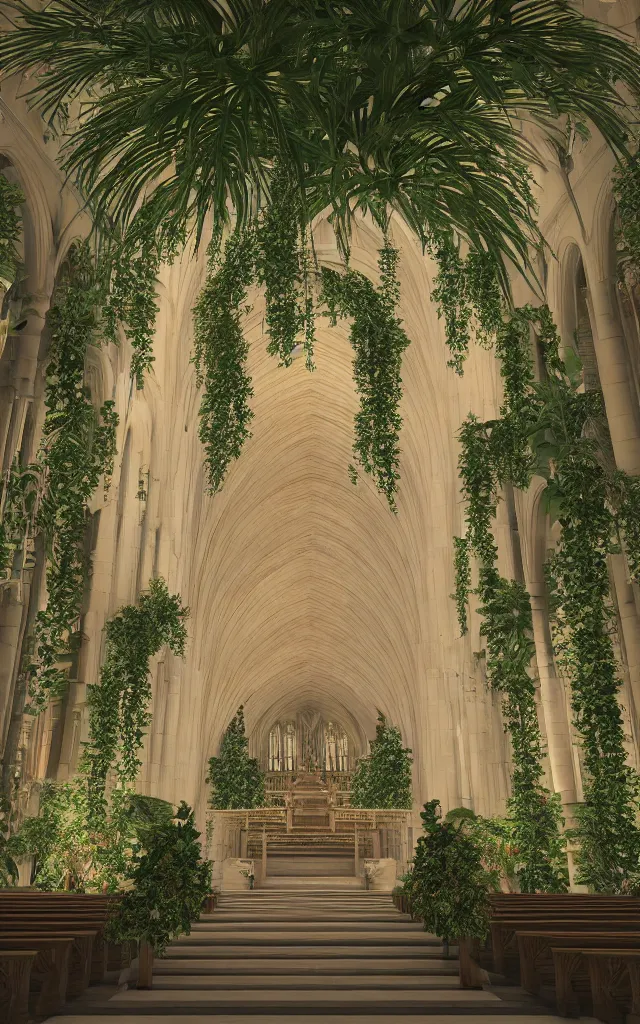 Image similar to beautiful grand cathedral interior with!! koi pond!! in the! middle! surrounded by palm trees, ivy,!! flowers!!, ( tropical plants ),!! roses!!, and with archways, rendered in octane render with photorealistic volumetric cinematic lighting, wide angle, horizontal symmetry, symmetrical! 8 k