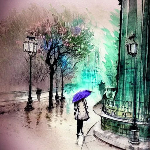 Image similar to pen and paper with watercolor matte art painting of a beautiful green park in the middle of a modern old town city by banksy, carne griffiths and monet. Street photography. rainy day.