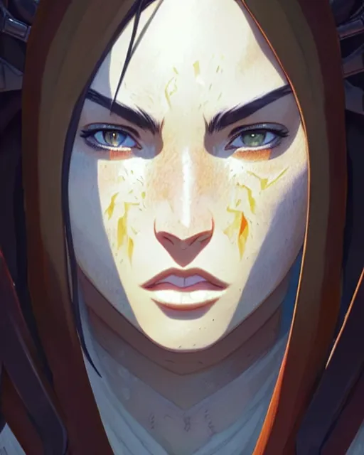 Image similar to azctec warrior, megan fox, detailed perfect face, exquisite details, fire magic, mid view, design on a white background, by studio muti, greg rutkowski makoto shinkai takashi takeuchi studio ghibli