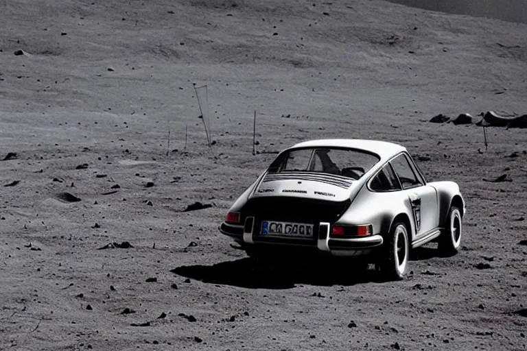 Image similar to vintage photo of a porsche 911 on the moon. apollo moon landing