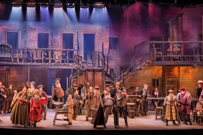 Prompt: photo of a huge theaterstage, play is la boheme, 3 actors on stage, 8 k, multicolored, exaggerated detailed, long shot