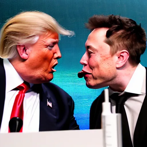 Image similar to a detailed photograph of elon musk kissing donald trump