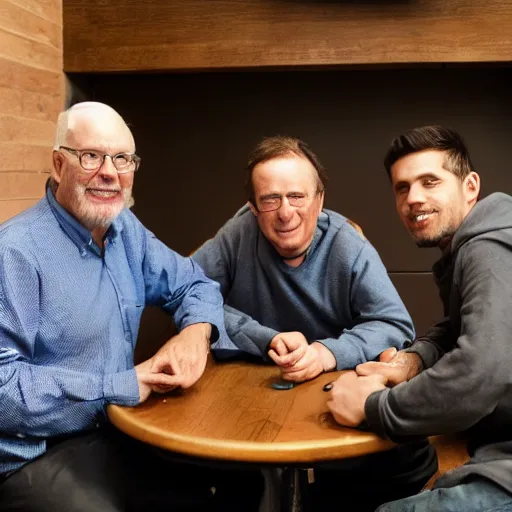 Prompt: three men sitting across each other on a table