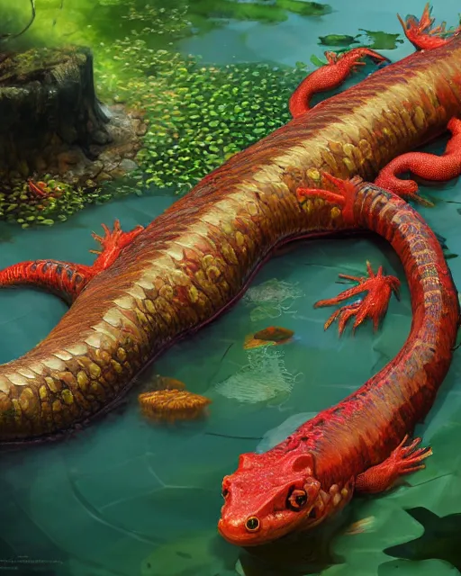 Prompt: game character beautiful giant kaiju sized pond serpent half fish half salamander, wet amphibious skin, red salamander, axolotl creature, koi pond, korean village by Ruan Jia and Gil Elvgren, fullbody