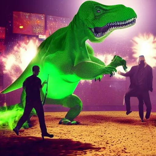 Prompt: a human punching with his right arm at a green tyrannosaurus rex creating a nuclear bomb explosion, 3 d, dynamic lighting, vivid imagery