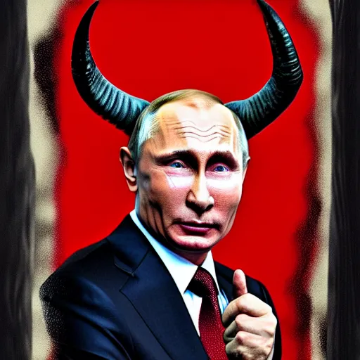 Image similar to portrait of vladimir putin in the form of a devil, with goat horns, red skin and a look of fear on his face