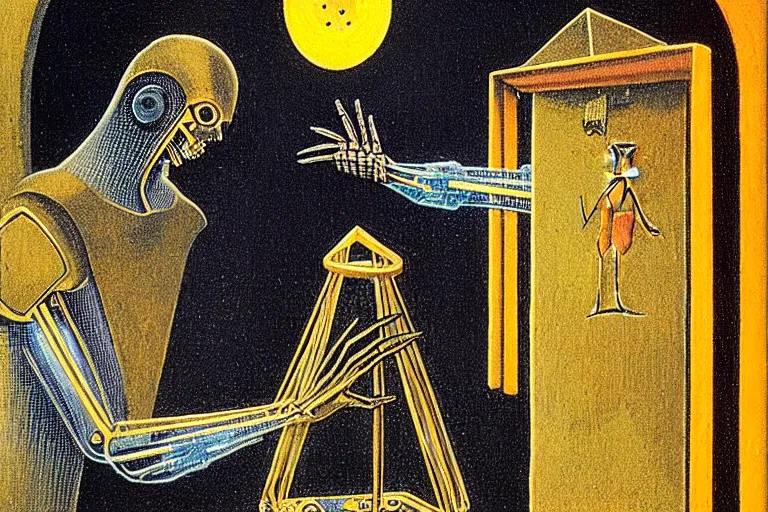 Prompt: a tarot card intricate of a cybernetic technomancer wizard consulting his AI by Remedios Varo