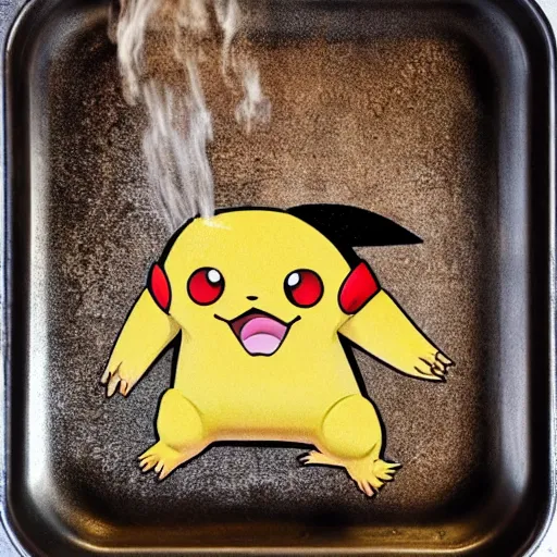 Image similar to roasted spatch pikachu in a baking tray with rosemary and thyme, cooking oil, steam, charred, ready to eat, electric sparks