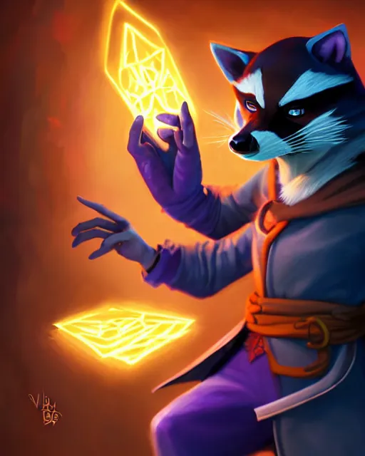 Prompt: closeup, highly detailed digital illustration portrait of hooded sorcerer sly cooper raccoon casting a magical glowing spell in a castle, action pose, d & d, magic the gathering, by rhads, lois van baarle, jean - baptiste monge,
