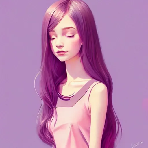 Image similar to adult female in summer dress art, pastel light pink very long hair, muted colors, matte print, pastel colors, ornate, digital art, digital painting, fan art, elegant, artstation, head is centered, by Ilya Kuvshinov