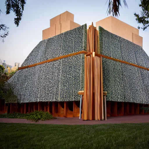 Image similar to Modern sukkah designed by Frank Lloyd Wright, sukkot, architectural detail, DSLR photography