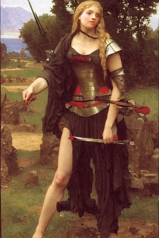 Image similar to leodagan with medieval armour, ballista on background, bouguereau