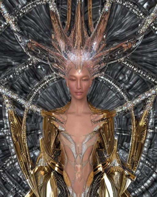 Image similar to a highly detailed metahuman 4 k close up render of an alien goddess bella hadid monument in iris van herpen armor schiaparelli in diamonds crystals swarovski and jewelry iridescent in style of alphonse mucha gustav klimt trending on artstation made in unreal engine 4