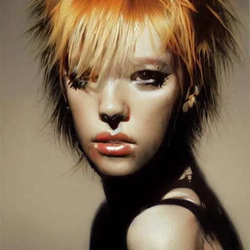 Image similar to A young woman with dyed hair hair looking disgusted away from the camera, Punk, Portrait by Noriyoshi Ohrai, rendered in octane, oil on canvas