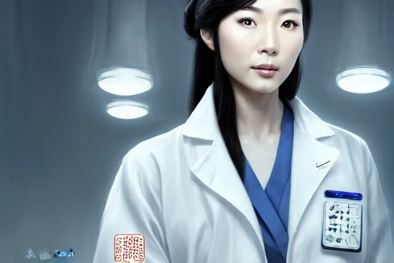 Prompt: an elegant and beautiful chinese female doctor in a white coat in a hospital ward, cinematic, highly detailed, digital painting, artstation, concept art, matte, sharp focus, illustration, art by artgerm and greg rutkowski