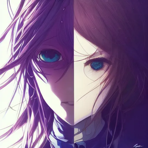 Image similar to violet evergarden, kyoto animation key, techwear occultist, chaos magick, leviathan cross, androgynous, beautiful, detailed symmetrical close up portrait looking like ryan reynolds, intricate complexity, in the style of artgerm and ilya kuvshinov, cel shaded