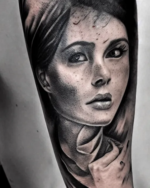 Image similar to tattoo design sketch of a beautiful woman face faded with a faded background of beautiful mountains and nature on her side, hyper - realistic, in the style of den yakovlev, amazing detail, black and white