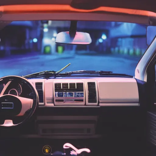 Image similar to photo of a 9 0 s fiat panda interior at night, with neon lights in the background, 3 5 mm