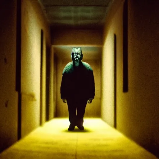 Image similar to A cinematic horror film still of a grotesque monster in a maze of yellow dimly lit hallways.