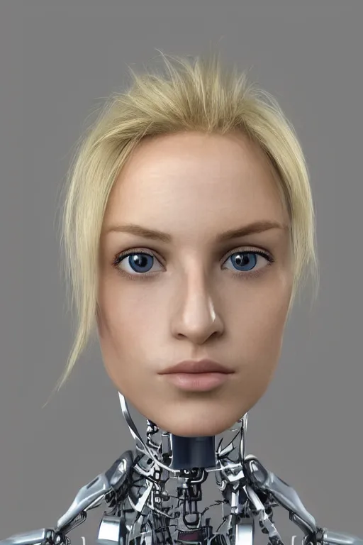 Image similar to robot with human face, female head, full body angle, woman human face, human face realistic, beautiful blonde hair, human head, human head with blonde hair, blonde hair human head, blonde hair, human realistic face, human head skin, cyborg frame concept, cyborg by ales-kotnik, sci-fi android female, the body is made of wires, robotic body, cyborg body, cyborg bust body, robot body cyborg, full body
