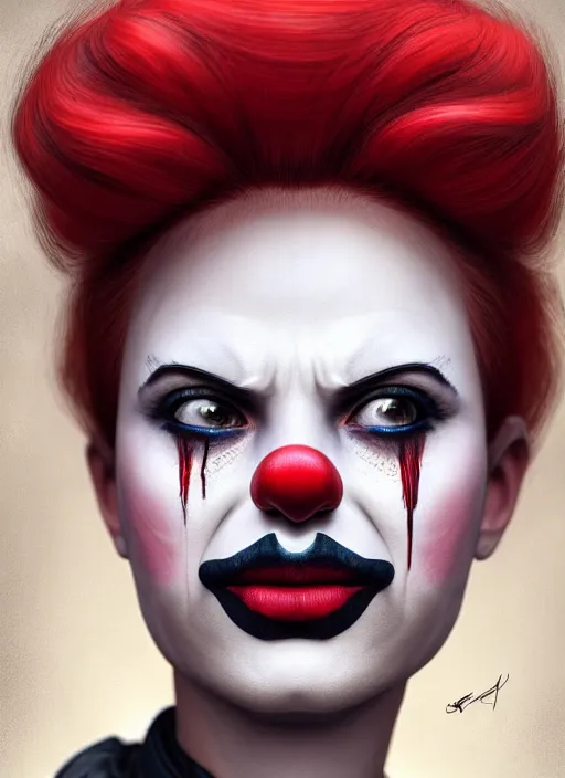 Image similar to photo of a gorgeous sad clown woman crying in the style of stefan kostic, realistic, sharp focus, 8 k high definition, insanely detailed, intricate, elegant, art by stanley lau and artgerm