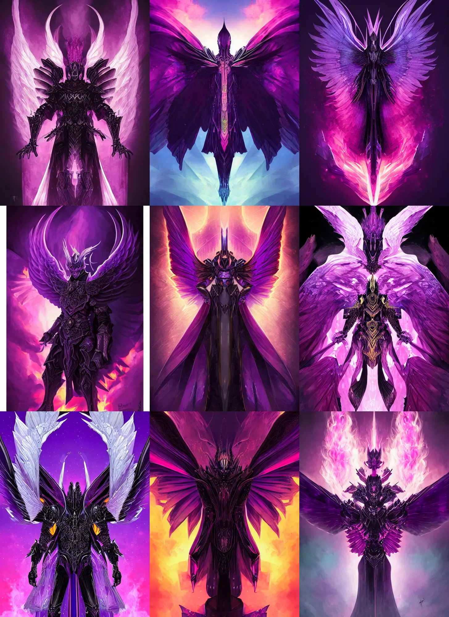 Prompt: portrait of a resurrected black knight, huge symmetric wings, covered in purple fire, dark fantasy, minimalistic, smooth, sharp focus, colorful, digital illustration, by frank franzzeta, rossdraws, sakimichan, chiaroscuro