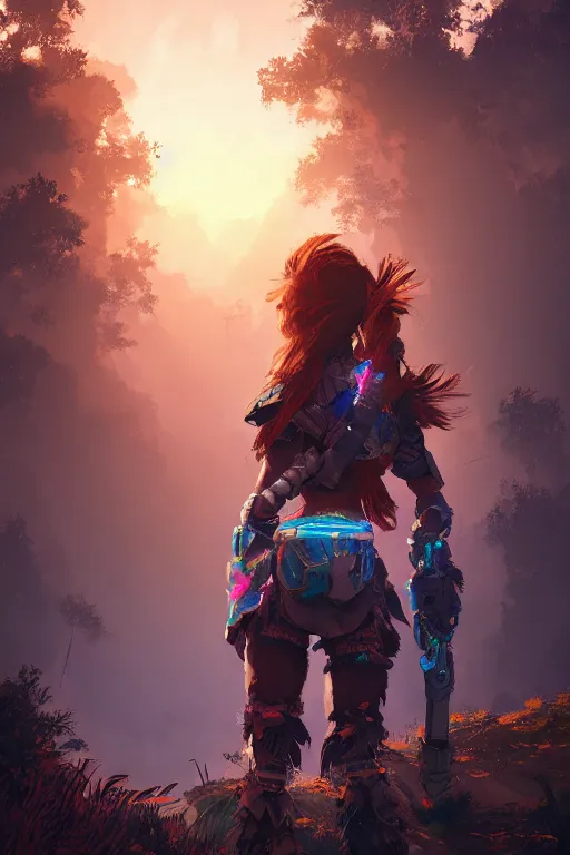 Image similar to combination suit armor aloy horizon forbidden west horizon zero dawn radiating a glowing aura global illumination ray tracing hdr fanart arstation by ian pesty and alena aenami artworks in 4 k tribal robot ninja mask helmet backpack