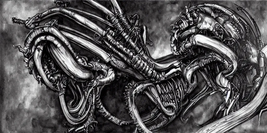 Image similar to “painting of xenomorph in the style of HR Giger, movie scene from Aliens movie