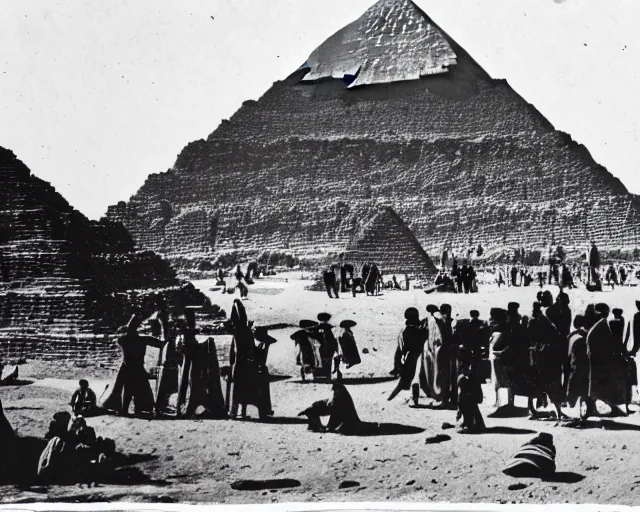 Image similar to a photo from the early 1800s of people examining a spaceship in front of the Pyramids at Giza