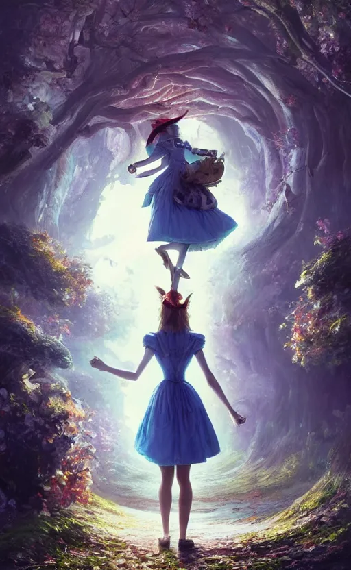 Prompt: alice in wonderland looking into a portal hopping and time warping with reckless abandon, masterpiece digital painting by Greg Rutkowski, Alex Grey, artstation, 4k wallpaper