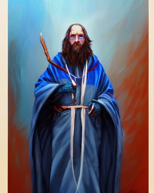 Image similar to Hyper realistic painting of a wizard in a blue robe, by Anato Finnstark, detailed, beautiful, trending on artstation